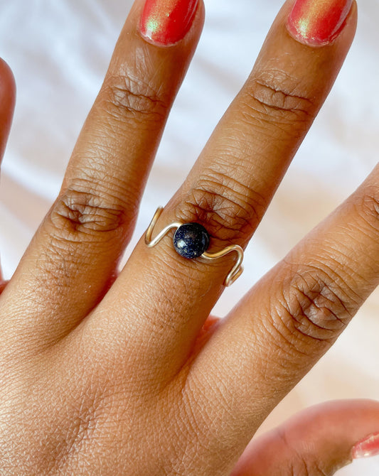 Blue Goldstone Adjustable Wavy Ring